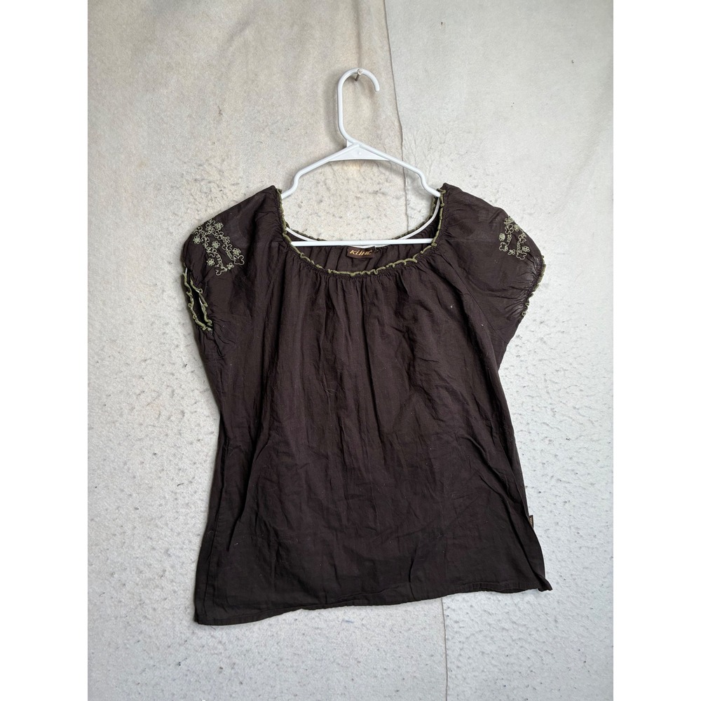 Kuhl Womens Brown Cotton Embroidered Short Sleeve Scoop Neck Blouse Large